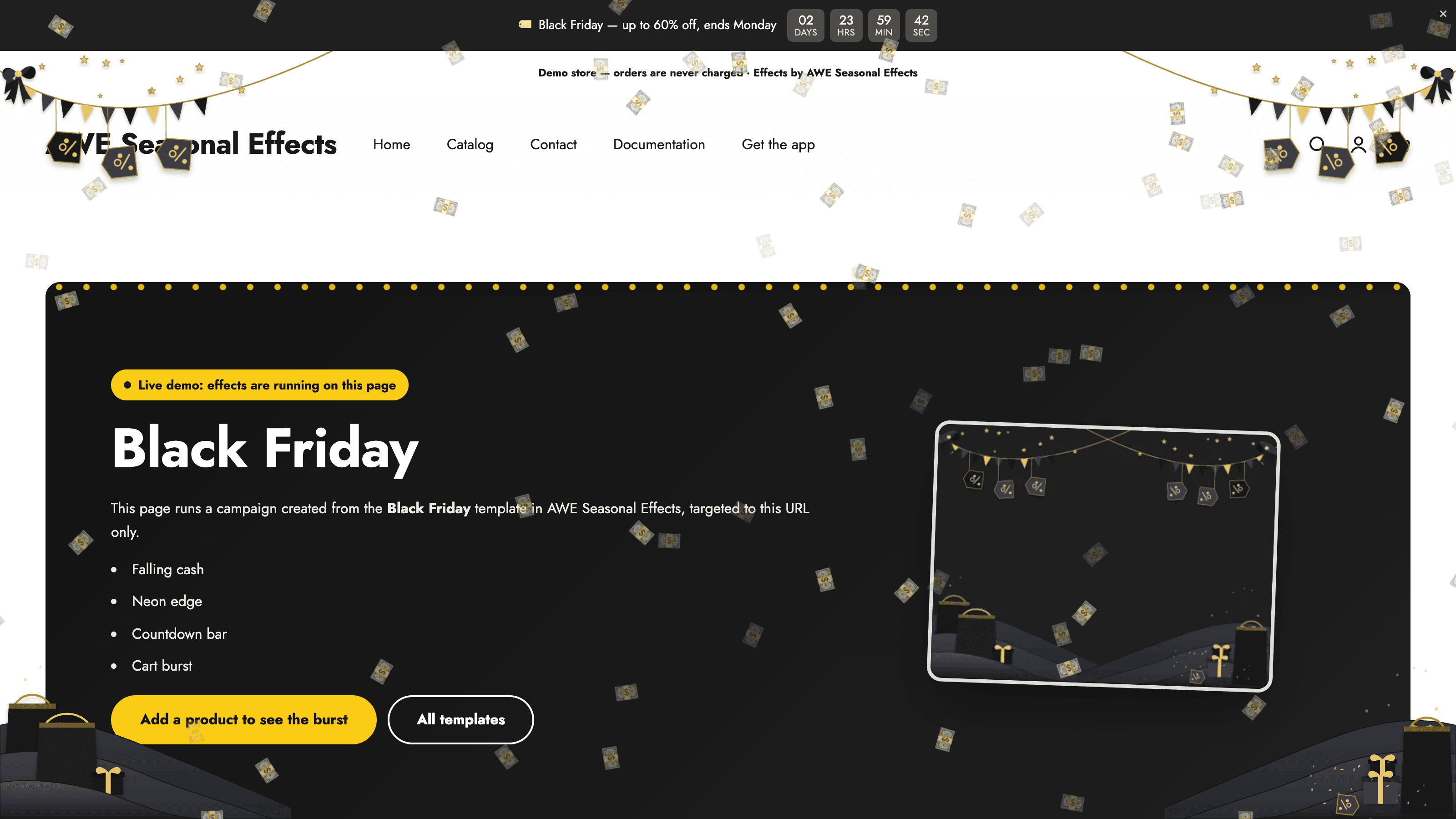 Black Friday sale message and countdown for a Shopify storefront