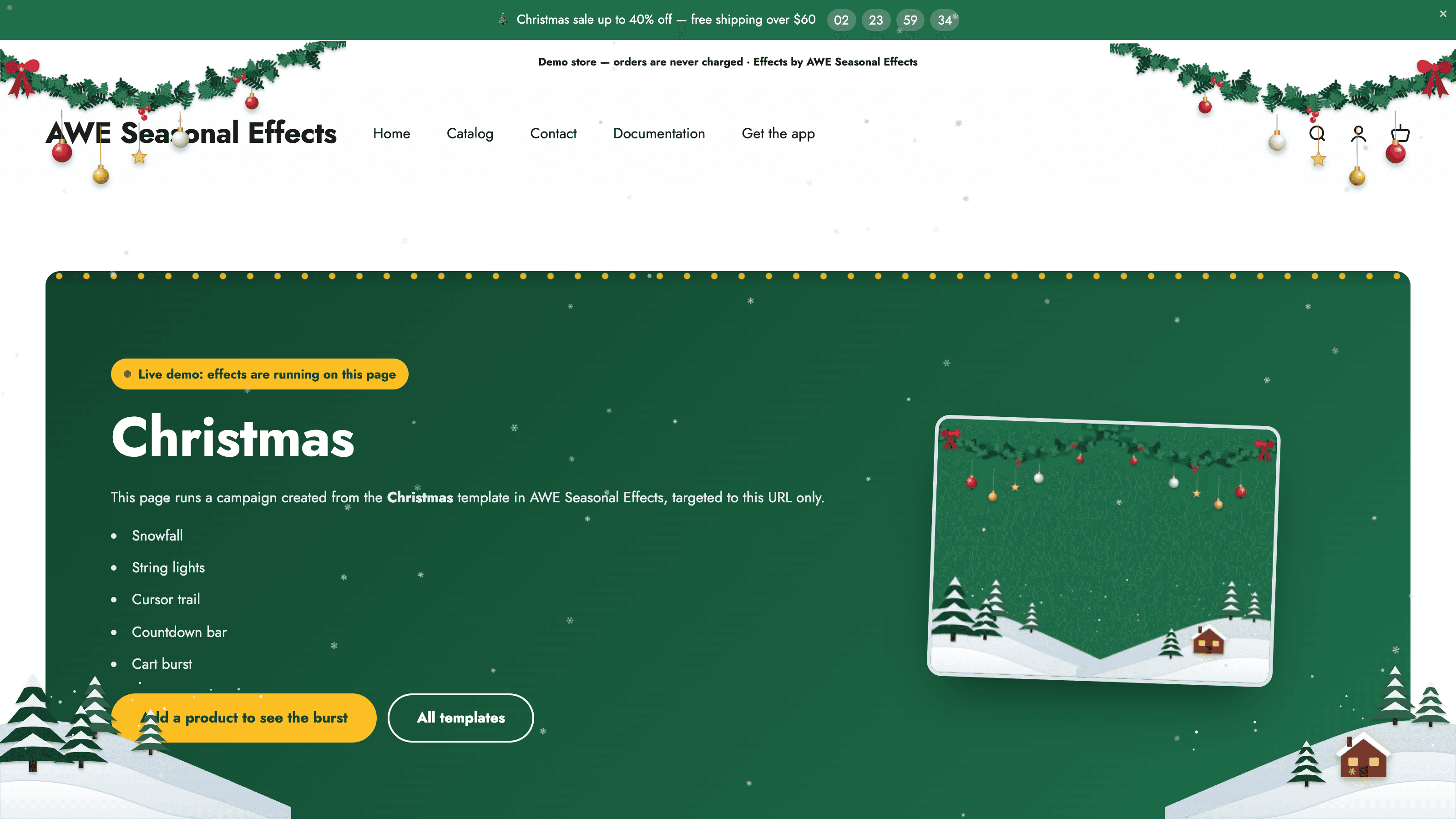 Decorazioni natalizie ed effetti neve per un negozio Shopify
